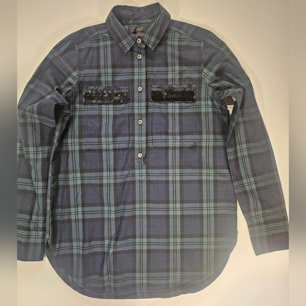 J. Crew Tartan Button Up Shirt Womens Size 00 Green Blue Textured Pocket Western